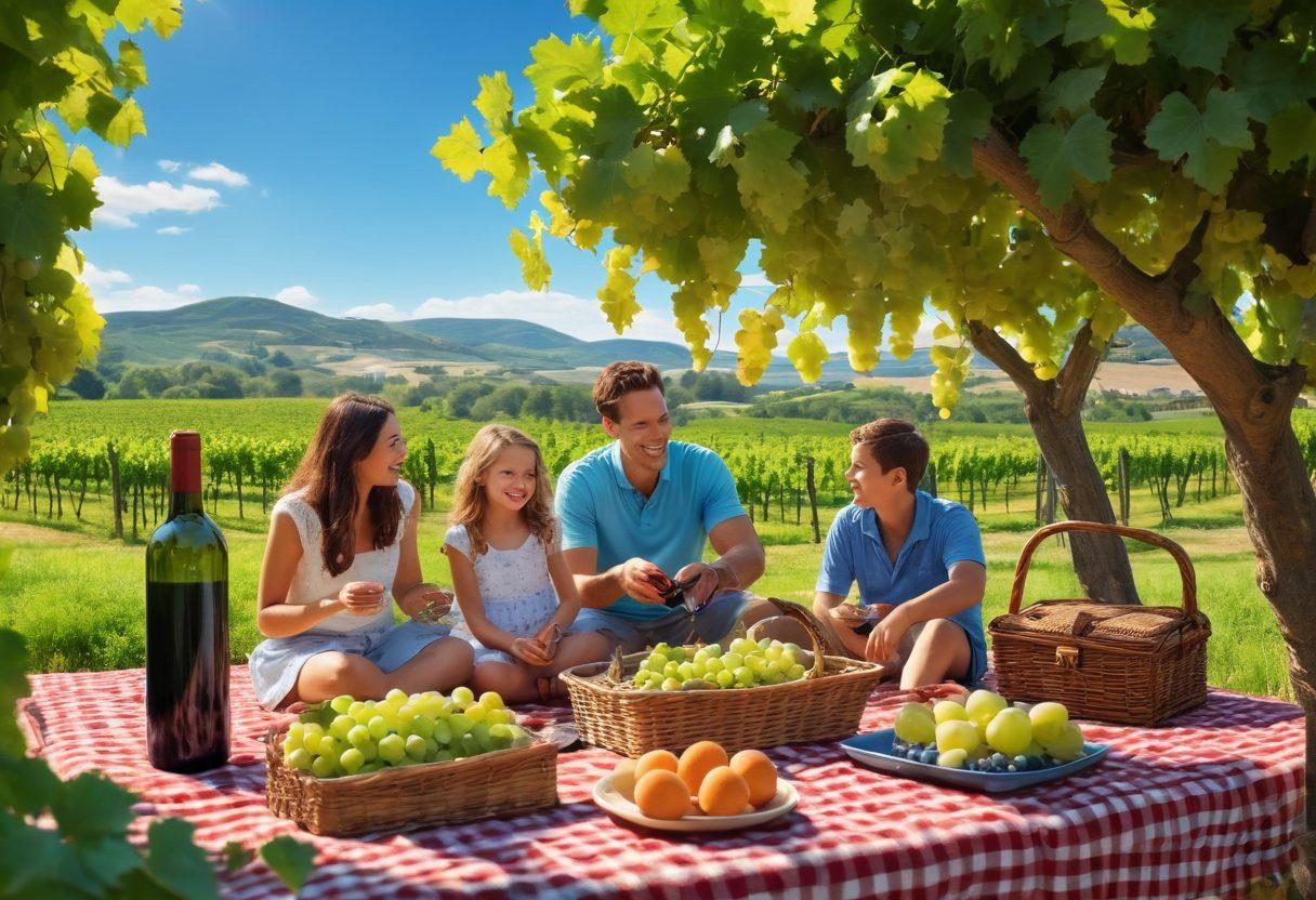 A joyful family picnic in a picturesque vineyard, with children playing games and adults sharing a bottle of wine, surrounded by lush green grapevines and a bright blue sky. Include elements of laughter, learning activities like a treasure hunt, and playful interactions among the family members. Capture a warm and inviting atmosphere that embodies fun and togetherness. vibrant colors. super-realistic.
