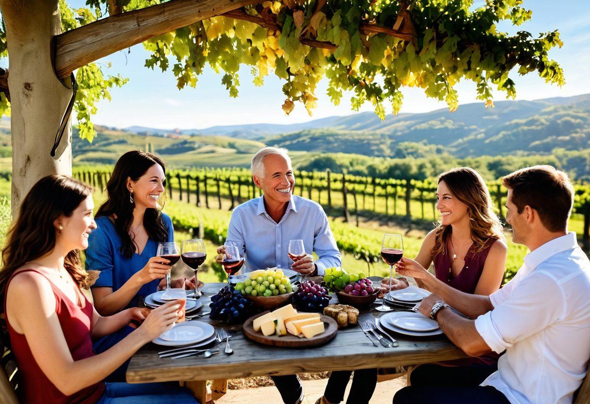 A cozy family gathering with a beautifully set table featuring colorful wine glasses, tasting cards, and small plates of gourmet cheese and snacks. Children and adults are joyfully participating in a fun wine tasting game, surrounded by grapevines and rustic decor. The warm lighting creates an inviting atmosphere, highlighting laughter and interaction among family members. A backdrop of vineyards under a clear blue sky adds to the delightful scene. super-realistic. vibrant colors. warm tones.