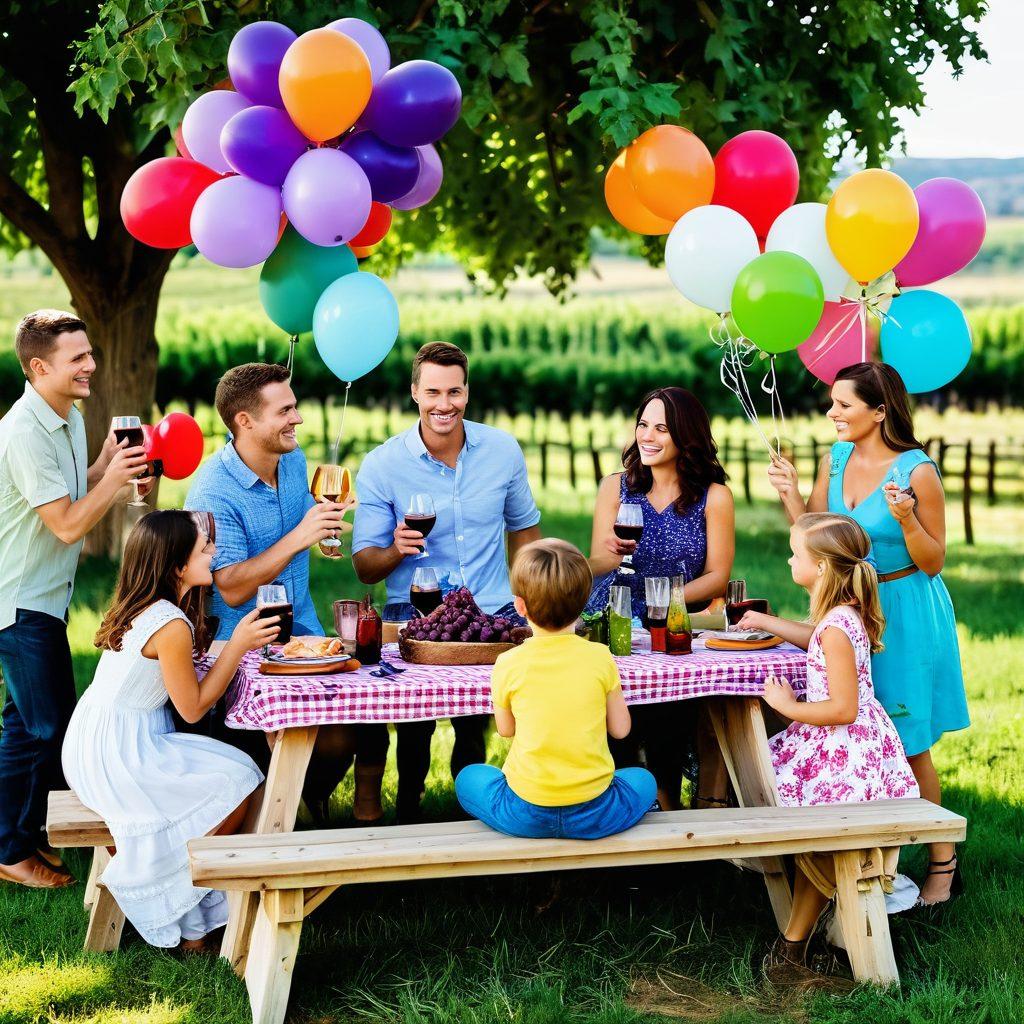 A whimsical scene showcasing a family gathered around a beautifully set picnic table filled with colorful glasses of grape juice and playful wine bottles. Kids are engaged in fun games while adults tastefully sip on wine, all smiling and having fun. Bright balloons and playful decorations add a festive touch, with a backdrop of rolling vineyards. The atmosphere exudes joy, laughter, and family bonding. vibrant colors. 3D.